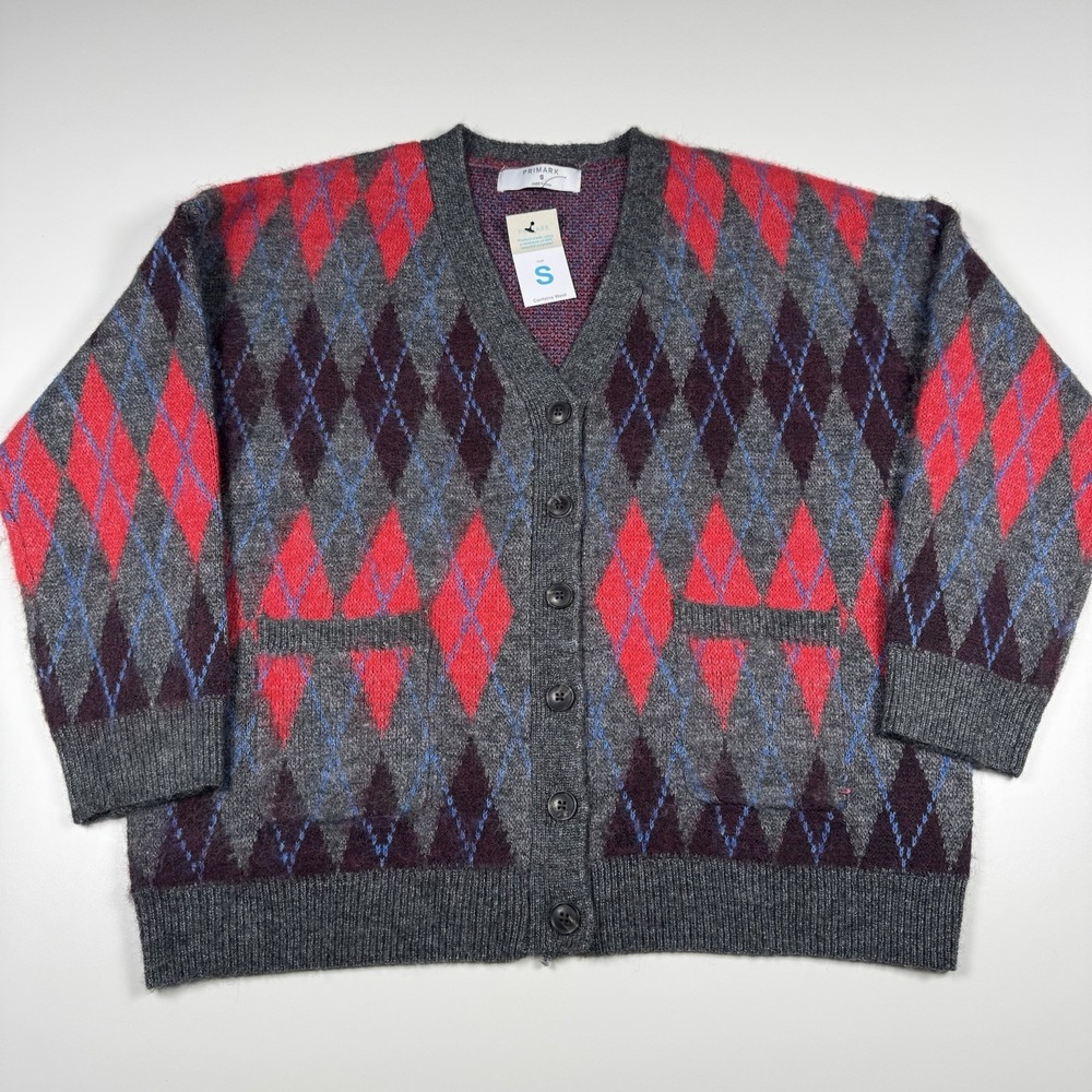 NEW - PRIMARK Wool Cardigan Sweater Argyle - Gray/ Red - Women's Small Oversized